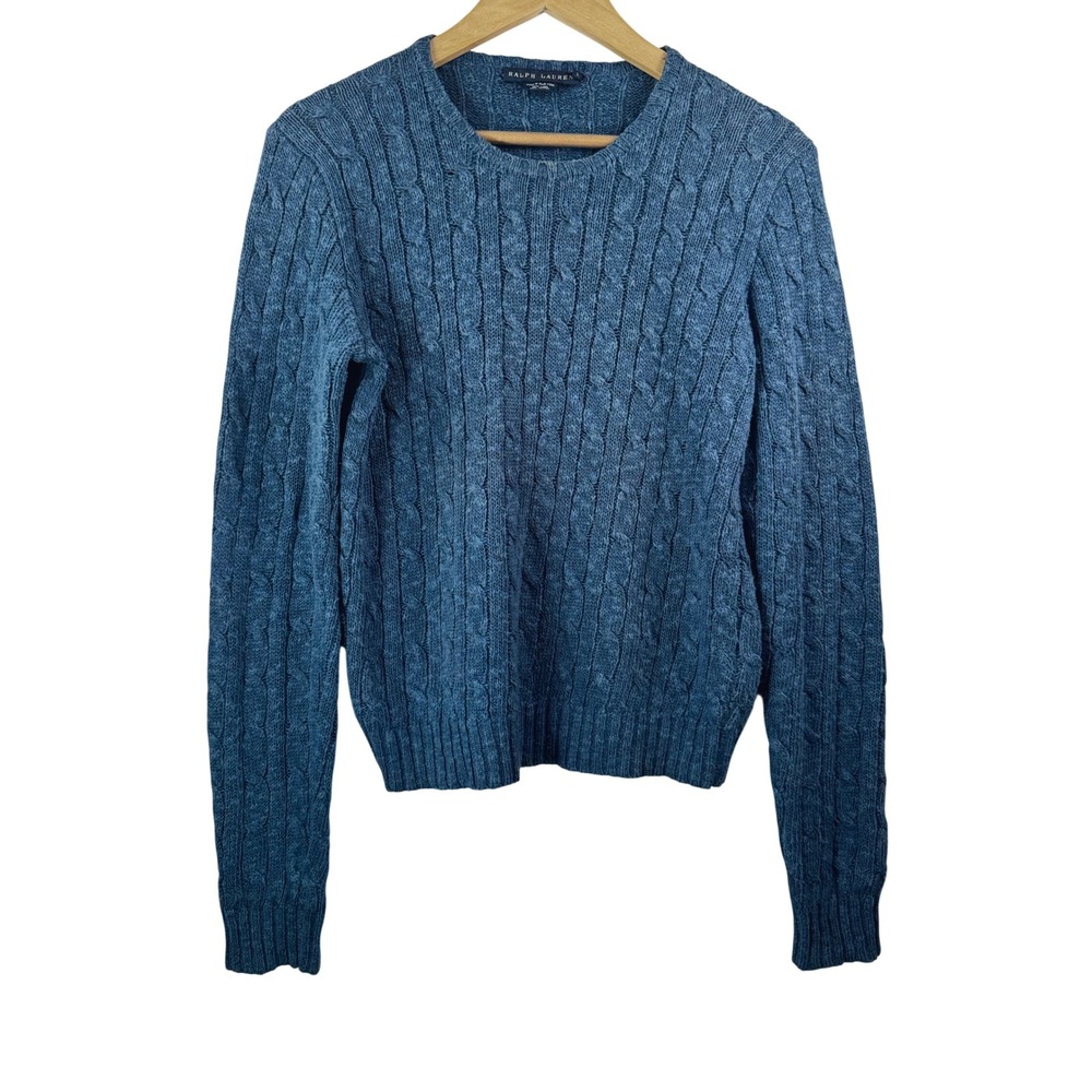 VTG Ralph Lauren L Blue cable knit linen blend sweater preppy 90s Y2K